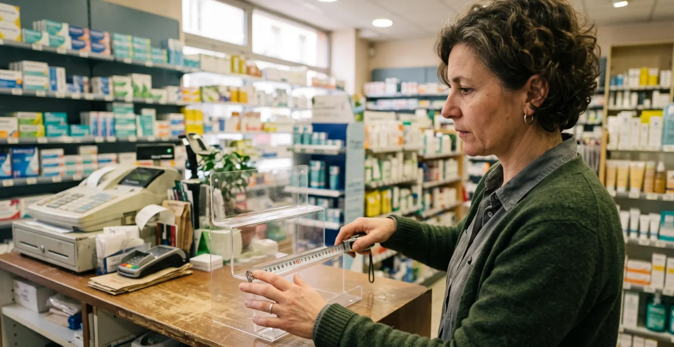 Une gérante mesure l'espace disponible sur un comptoir de caisse pour implanter un présentoir.