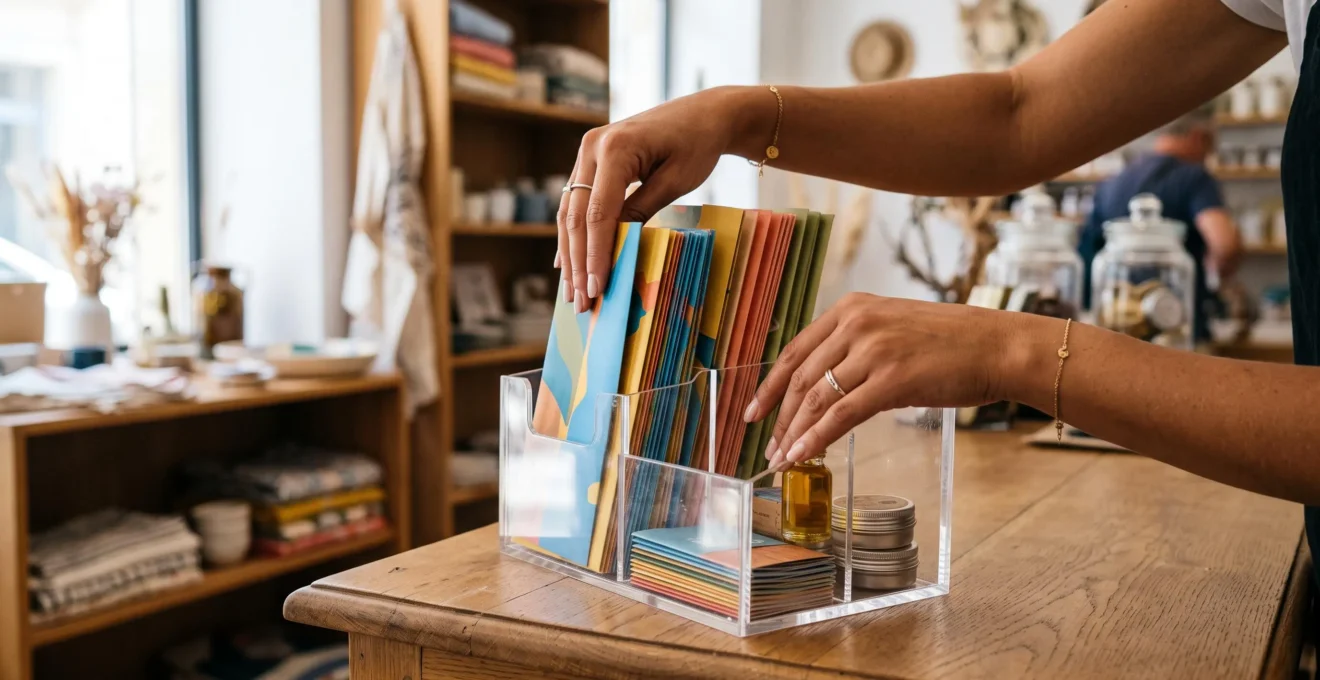 Un commerçant dispose des brochures dans un présentoir en acrylique posé sur son comptoir.