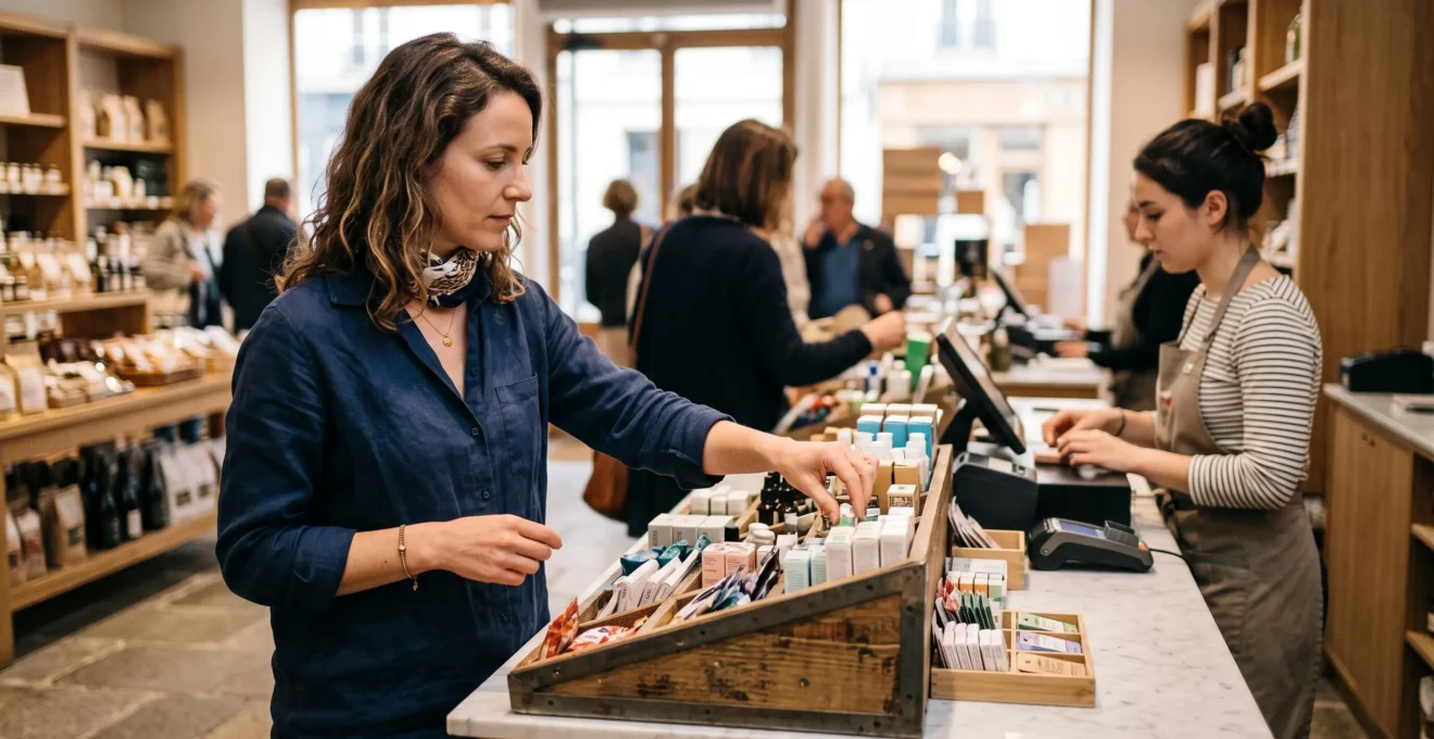 Un client attrape un produit dans un présentoir de comptoir près de la caisse d'un magasin.