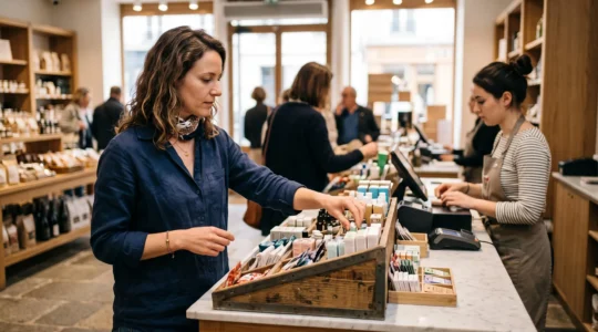 Un client attrape un produit dans un présentoir de comptoir près de la caisse d'un magasin.